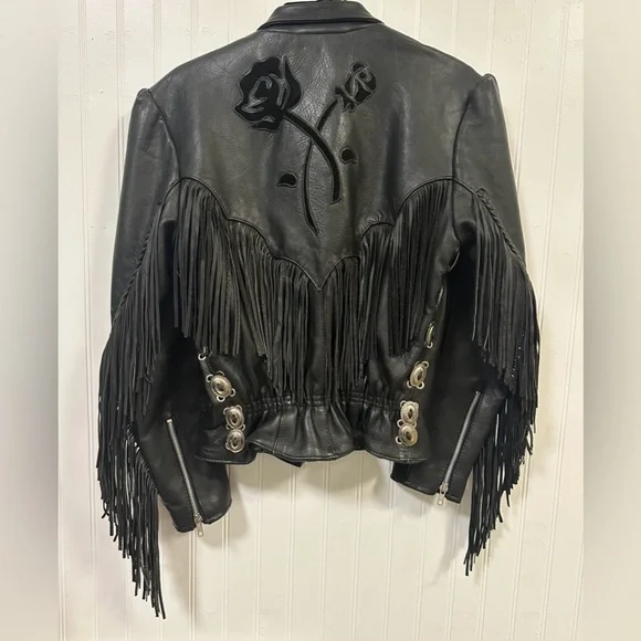VTG Women’s Pro-Sports Leather Moto Jacket Fringe Conchos Roses Cinched Waist - Picture 15 of 15